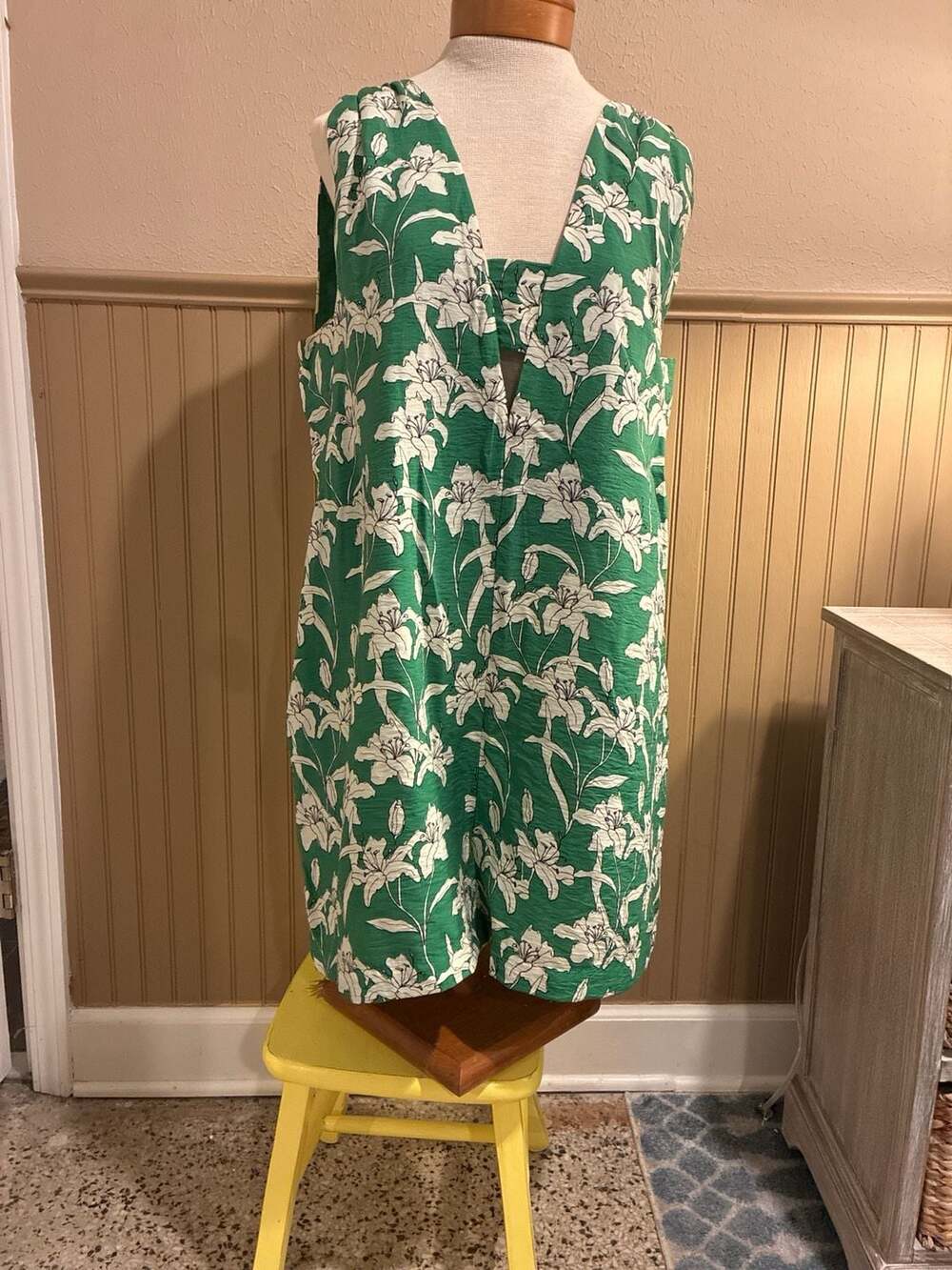 MNG Mango Green White Lily Floral Print Sleeveless Romper Jumpsuit Plus Size XL